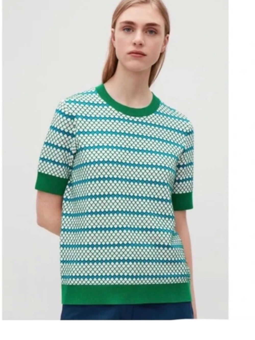 COS Green Cream Blue Short Sleeve Honeycomb Knit Sweater Top small